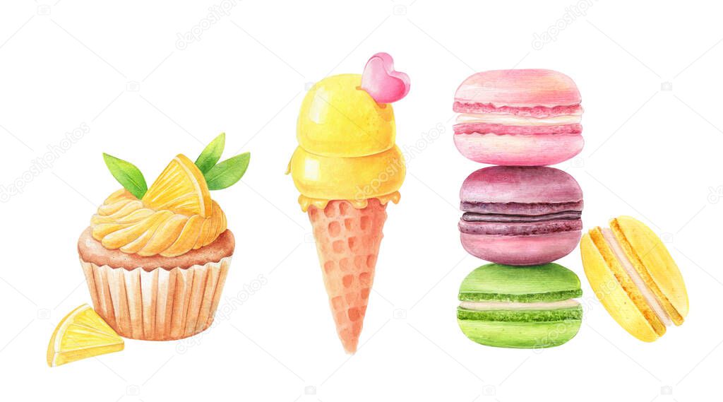 Hand-painted Watercolor Dessert Set with Cupcake, Ice Cream and Macarons isolated on white background.