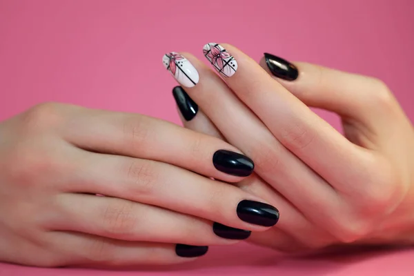 Nails Art Design Hands Manicure Pink Background Close Female Hands — Stock Photo, Image