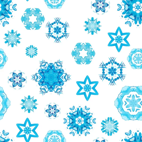 Геометрические Голубые Снежинки Бесшовный Рисунок Акварели — стоковое фото