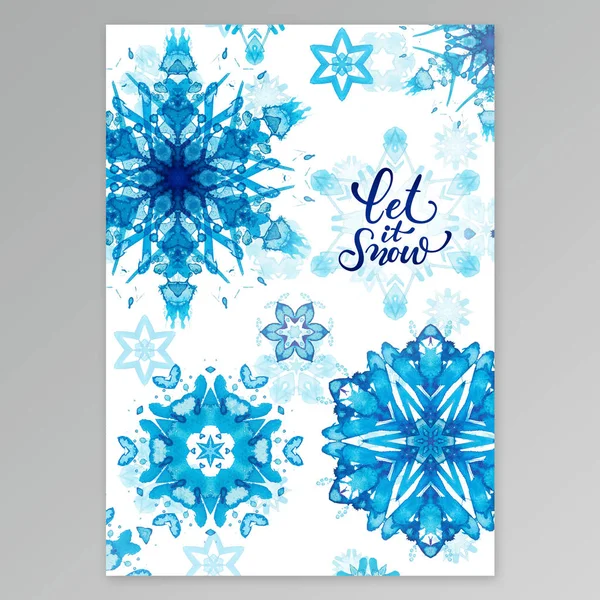 Laat het sneeuw. Wenskaart met aquarel hand verf blauw aquarel sneeuwvlokken. — Stockfoto