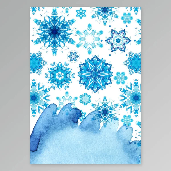 Cartão de saudação com aquarela pintar à mão flocos de neve aquarela azul — Fotografia de Stock