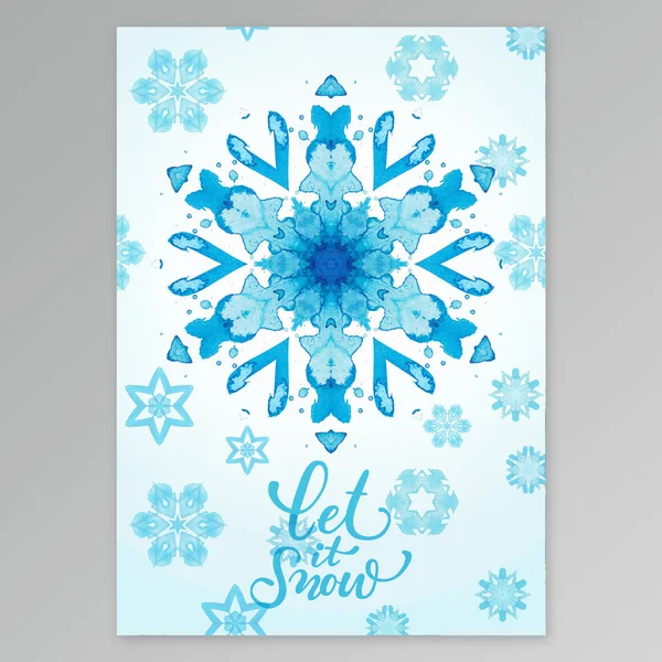 Déjalo nevar. Tarjeta de felicitación con acuarela mano pintura azul acuarela copos de nieve — Foto de Stock