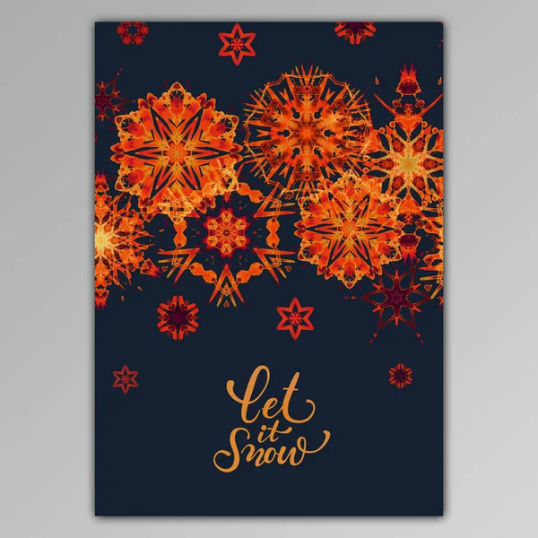 Greeting card with hand paint watercolor snowflakes. Warm colors — Stock Photo, Image