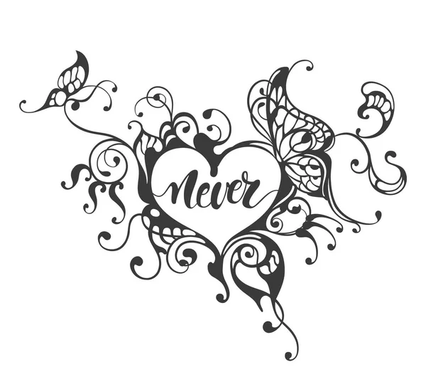 Nunca - lettering text in ornate heart frame — Vetor de Stock