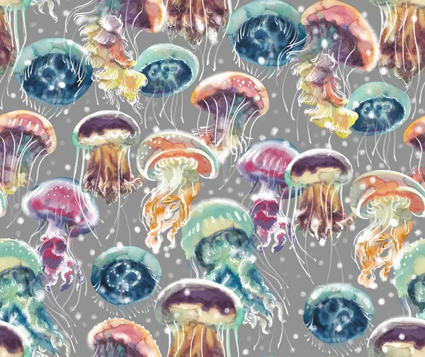 Akvarell színes medúzákat rengeteg mintával — Stock Fotó