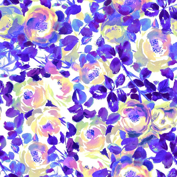 Pattern with a watercolor roses in vivid unnatural colors — Stock Photo, Image