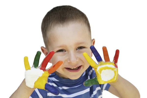 Schattige Kleine Jongen Met Geschilderde Handen — Stockfoto