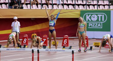 Tampere, Finlandiya, 12 Temmuz: Niamh Emerson (Gbr), İngiliz atletizm alan heptatlon IAAF Dünya U20 Şampiyonası Tampere, Finlandiya için atlet leeds 12 Temmuz, 2018.