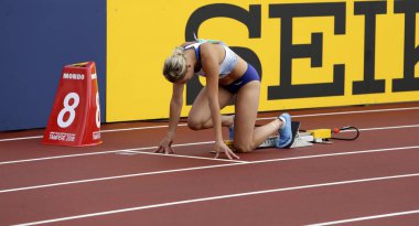 Tampere, Finlandiya, 12 Temmuz: Niamh Emerson (Gbr), İngiliz atletizm atlet leeds heptatlon IAAF Dünya U20 Şampiyonası Tampere, Finlandiya için 12 Temmuz, 2018.