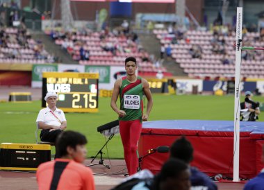 Tampere, Finlandiya, 14 Temmuz: Roberto Vilches olaydan Meksika WINS yüksek atlama IAAF Dünya U20 Şampiyonası Tampere, Finlandiya üzerinde 14 Temmuz, 2018.