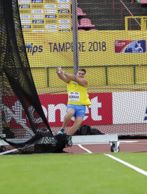 Tampere, Finlandiya, Temmuz 13: Mykhaylo Kokhan (Ukrayna) kazanmak gümüş madalya çekiç IAAF Dünya U20 Şampiyonası Tampere, Finlandiya için üzerinde son 13h Temmuz, 2018.