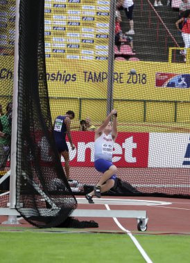 Tampere, Finlandiya, 13 Temmuz: Jake Norris (Gbr), İngiliz atletizm atlet kazanmak altın madalya atma 13 Temmuz, 2018 IAAF Dünya U20 Şampiyonası Tampere, Finlandiya.