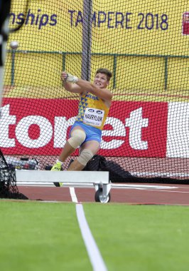 Tampere, Finlandiya, Temmuz 13: Mykhaylo Havryliuk (Ukrayna) kazanmak bronz madalya çekiç IAAF Dünya U20 Şampiyonası Tampere, Finlandiya için üzerinde son 13h Temmuz, 2018.