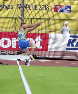 Tampere, Finlandiya, Temmuz 13: Mykhaylo Havryliuk (Ukrayna) kazanmak bronz madalya çekiç IAAF Dünya U20 Şampiyonası Tampere, Finlandiya için üzerinde son 13h Temmuz, 2018.