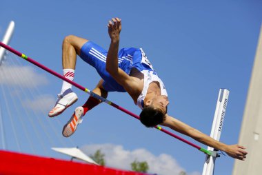 Tampere, Finlandiya, 14 Temmuz: Antonios Merlos Yunanistan WINS yüksek atlama olay 14 Temmuz, 2018 üzerinde IAAF Dünya U20 Şampiyonası Tampere, Finlandiya