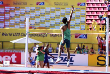 Tampere, Finlandiya, 14 Temmuz: Breyton Poole (Rsa) kazanmak bronz madalya IAAF Dünya U20 Şampiyonası Tampere, Finlandiya 14 Temmuz, 2018 üzerinde yüksek atlama.