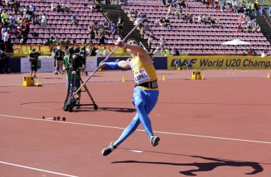 TAMPERE, FINLAND, July 14: OLEKSIY LEPEL (Ukraine) win gold medal in 100 metrs on the IAAF World U20 Championship in Tampere, Finland 14th July, 2018. clipart