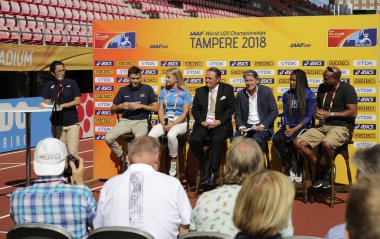 Tampere, Finland. 9th July, 2018. Tara Davis, Lisa Gunnarsson, Armand Duplantis, Mike Powell, Sebastian Coe on the press conference in Tampere, Finland 9th July, 2018. The IAAF World U20 Championships be held in on July 10-15, 2018. Credit: Denys Kuv clipart