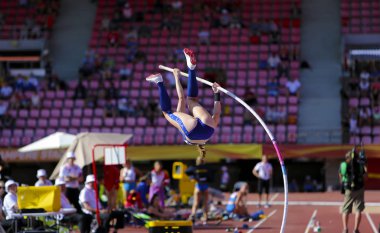 Tampere, Finlandiya, 10 Temmuz: Rachel Baxter (ABD) sırıkla yüksek atlama olay 10 Temmuz, 2018 IAAF Dünya U20 Şampiyonası Tampere, Finlandiya.