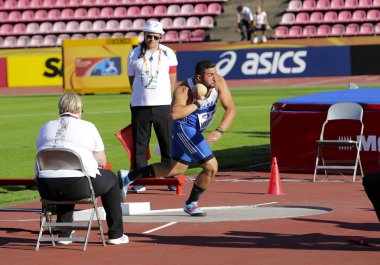 Tampere, Finlandiya, 10 Temmuz: Odysseas Mouzenidis gülle IAAF Dünya U20 Şampiyonası Tampere, Finlandiya üzerinde 10 Temmuz 2018 yılında Yunanistan kazanmak bronz madalya almaya hak üzerinden.