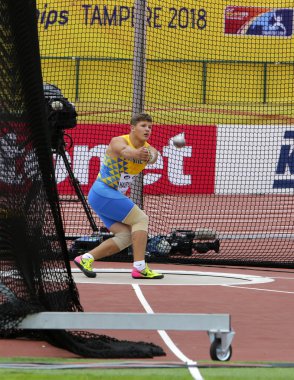 Tampere, Finlandiya, Temmuz 13: Mykhaylo Havryliuk (Ukrayna) kazanmak bronz madalya çekiç IAAF Dünya U20 Şampiyonası Tampere, Finlandiya için üzerinde son 13h Temmuz, 2018.