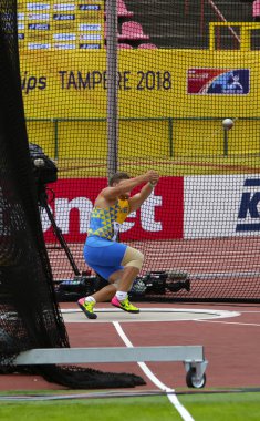 Tampere, Finlandiya, Temmuz 13: Mykhaylo Havryliuk (Ukrayna) kazanmak bronz madalya çekiç IAAF Dünya U20 Şampiyonası Tampere, Finlandiya için üzerinde son 13h Temmuz, 2018.