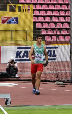 Tampere, Finlandiya, 11 Temmuz: Valentin Andreev Bulgaristan üzerinde çekiç atma olayı IAAF Dünya U20 Şampiyonası Tampere, Finlandiya 11 Temmuz, 2018.