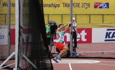 Tampere, Finlandiya, 11 Temmuz: Valentin Andreev Bulgaristan üzerinde çekiç atma olayı IAAF Dünya U20 Şampiyonası Tampere, Finlandiya 11 Temmuz, 2018.