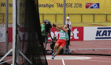 Tampere, Finlandiya, 11 Temmuz: Valentin Andreev Bulgaristan üzerinde çekiç atma olayı IAAF Dünya U20 Şampiyonası Tampere, Finlandiya 11 Temmuz, 2018.