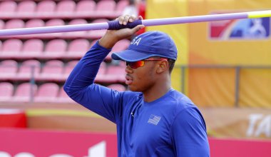 Tampere, Finlandiya, 11 Temmuz: Kyle Garland (ABD) cirit atmak dekatlon Doğum IAAF Dünya U20 Şampiyonası Tampere, Finlandiya için 11 Temmuz, 2018.