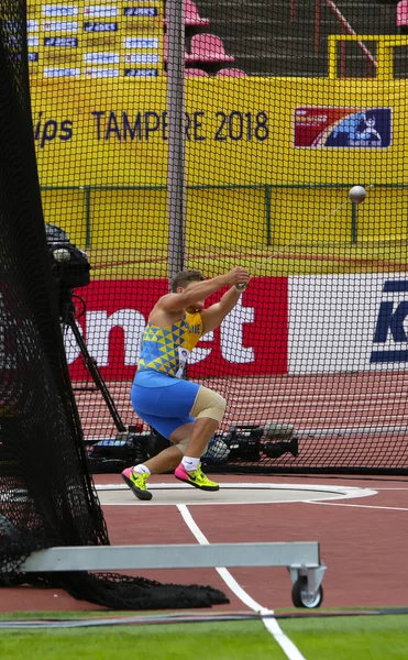 Tampere, Finlandiya, Temmuz 13: Mykhaylo Havryliuk (Ukrayna) kazanmak bronz madalya çekiç IAAF Dünya U20 Şampiyonası Tampere, Finlandiya için üzerinde son 13h Temmuz, 2018.