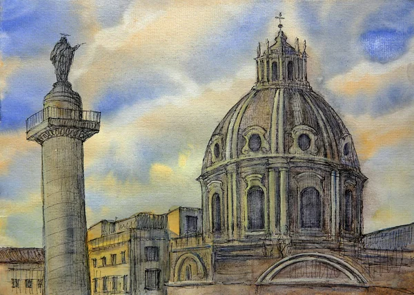 Aquarela Coluna Trajano Colonna Traiana Roma Itália — Fotografia de Stock