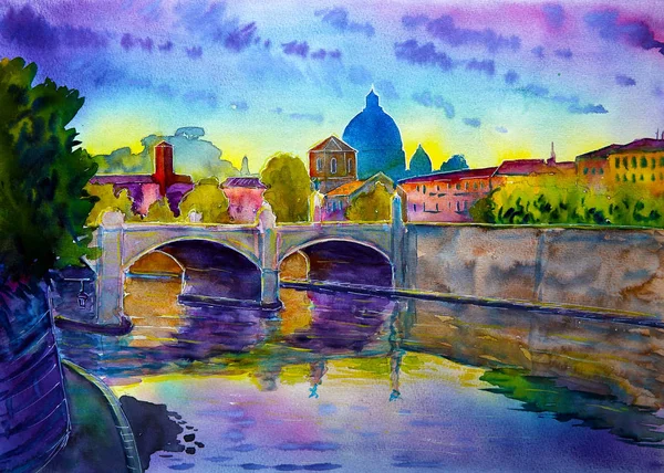 Aquarel Van Basilica Sant Pietro Rivier Tiber Ponte Vittorio Emanuele — Stockfoto