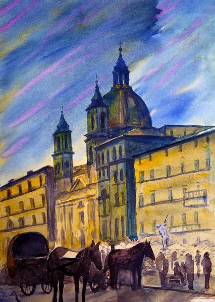 イタリア ローマのナヴォーナ広場の水彩画 — ストック写真