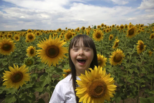 Little Girl Sunflowers Field — Stock Photo, Image