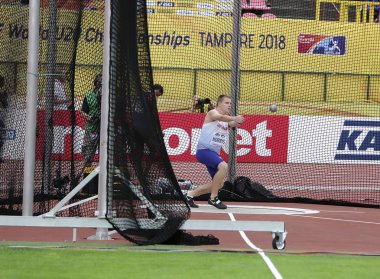 Tampere, Finlandiya, 13 Temmuz: Jake Norris (Gbr), İngiliz atletizm atlet kazanmak altın madalya atma 13 Temmuz, 2018 IAAF Dünya U20 Şampiyonası Tampere, Finlandiya.