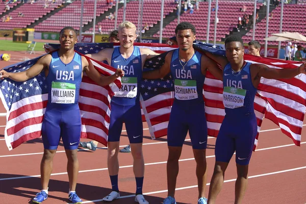 Tampere Finlande Juillet Équipe Américaine Relais 4X100 Avec Drapeaux Après — Photo