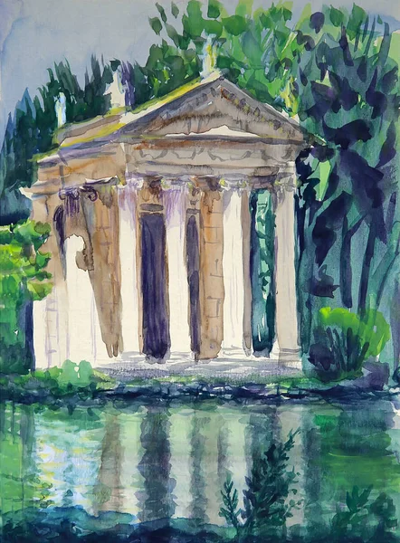 Watercolor Temple Aesculapius Located Gardens Villa Borghese Rome Italy — Stock Photo, Image