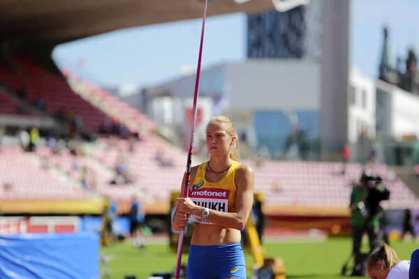 ТАМПЕРА, Финляндия, 12 июля: Алина Шух (Украина) победила в финале метания копья на чемпионате мира среди молодёжных команд ИАААФ до 20 лет в Тампере, Финляндия 12 июля 2018 года
.