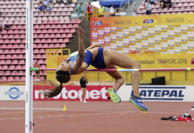 Tampere, Finlandiya, 12 Temmuz: Anna Hall (ABD), ABD'li atlet heptatlon olay 12 Temmuz, 2018 IAAF Dünya U20 Şampiyonası Tampere, Finlandiya.