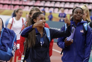 Tampere, Finlandiya, 12 Temmuz: Tara Davis (ABD) sonra IAAF Dünya U20 Şampiyonası, Tampere, Finlandiya 12 Temmuz, 2018 yılında uzun atlama.
