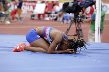 Tampere, Finlandiya, 12 Temmuz: Adriana Rodriguez Kübalı olayında heptatlon IAAF Dünya U20 Şampiyonası Tampere, Finlandiya için üzerinde 12 Temmuz, 2018