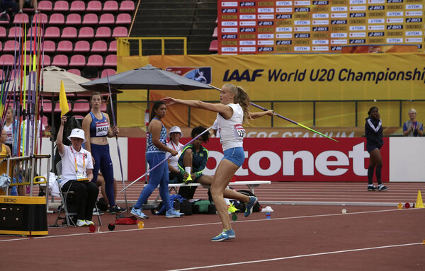 ТАМПЕРЕ, ФИНЛЯНДИЯ, 11 июля: Элеонора Киннунен из Финляндии на турнире по метанию копья на чемпионате мира IAAF U20 в Тампере, Финляндия 11 июля 2018 года
.