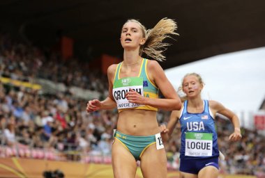 Tampere, Finlandiya, 11 Temmuz: Lara Crouch Avustralya 11 Temmuz 2018 üzerinde 3000 metrede final IAAF Dünya U20 Şampiyonası Tampere, Finlandiya için 11.