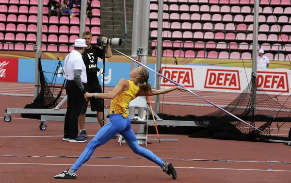 タンペレ フィンランド アリーナ Shukh ウクライナ 勝利やり投フィンランドのタンペレに Iaaf U20 選手権で最終的な 2018 — ストック写真