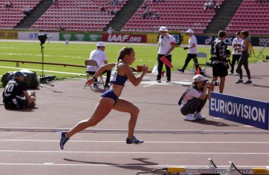 Tampere, Finlandiya, 11 Temmuz: Piibe Kirke Aljas (Estonya) 400 metreler Engelli IAAF Dünya U20 Şampiyonası Tampere, Finlandiya 11 Temmuz, 2018