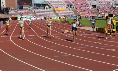 TAMPERE, FINLAND, July 10:  Athletes running 400 metres in the IAAF World U20 Championship in Tampere, Finland 10 July, 2018 clipart