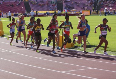 Tampere, Finlandiya, 10 Temmuz: 10 Temmuz 2018'de Finlandiya'nın Tampere kentinde düzenlenen Iaaf Dünya U20 Şampiyonası'nda 5000 metre finali kazanan Athlets.