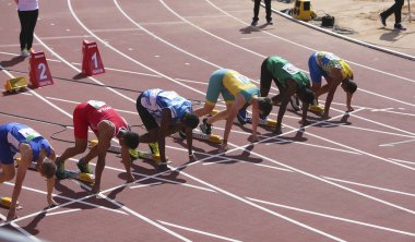 TAMPERE, FINLAND, July 10: Athlets running 100 meters on the IAAF World U20 Championship in Tampere, Finland 10 July, 2018 clipart