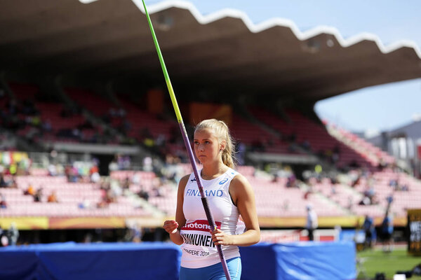 ТАМПЕРЕ, ФИНЛЯНДИЯ, 10 июля: Элеонора КИННУНЕН из Финляндии на турнире по метанию копья на чемпионате мира IAAF U20 в Тампере, Финляндия 10 июля 2018 года
.